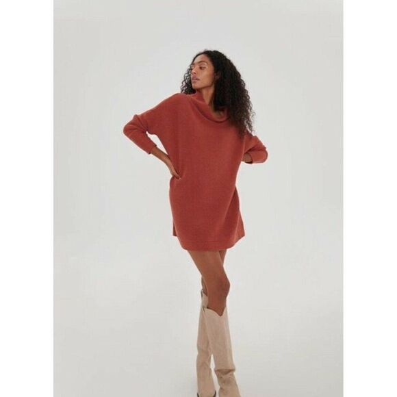 NWT FREE PEOPLE OTTOMAN SLOUCHY TUNIC RIBBED PULLOVER SWEATER IN BRICK - Picture 1 of 4
